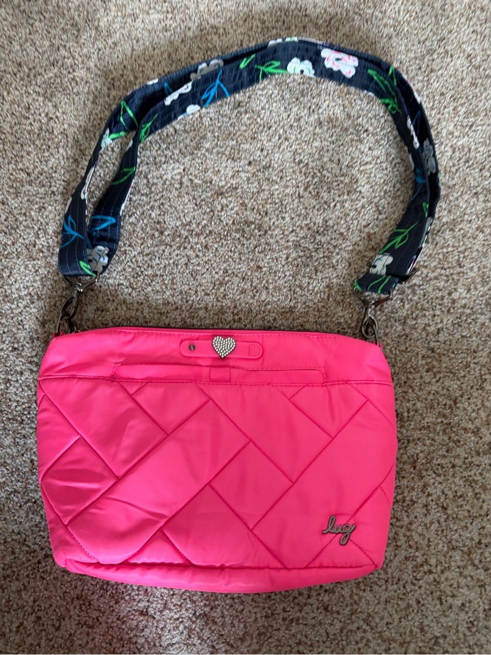 Lug Flare Crossbody Bag Hot Pink Quilted Nylon Rhinestone Heart Accent